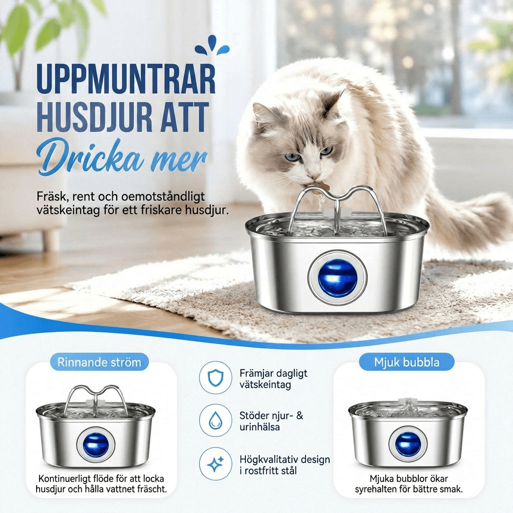 Vattenfontän för katt i rostfritt stål | Purrflöde