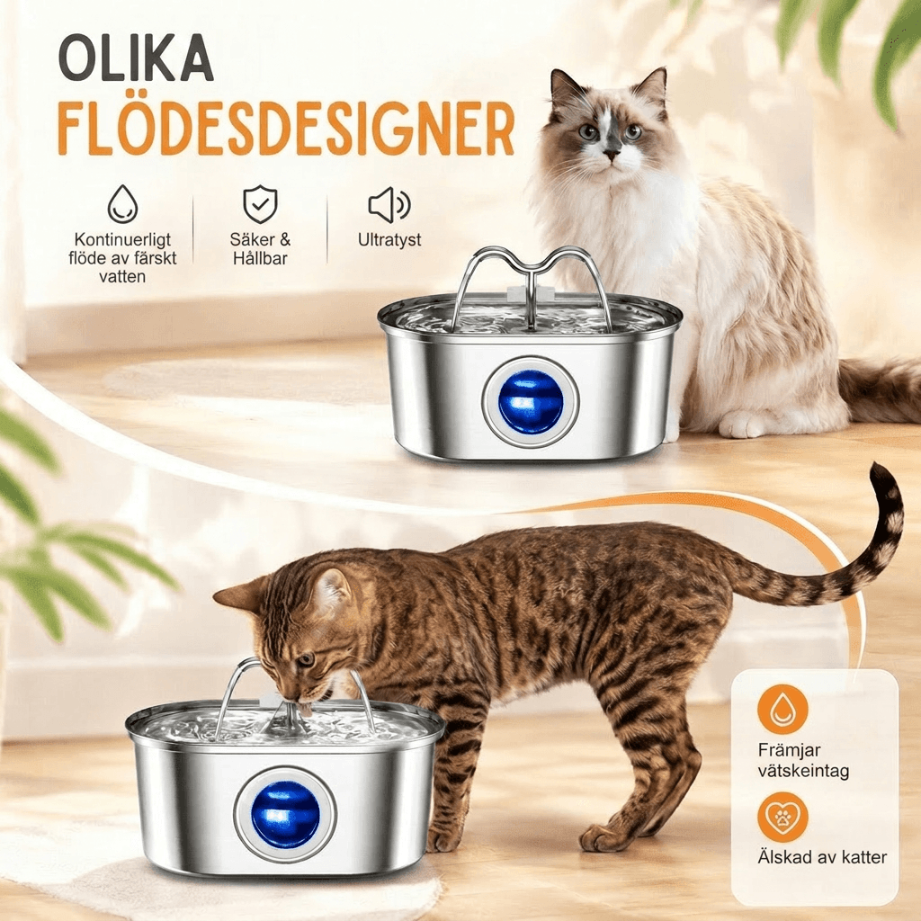 Vattenfontän för katt i rostfritt stål | Purrflöde