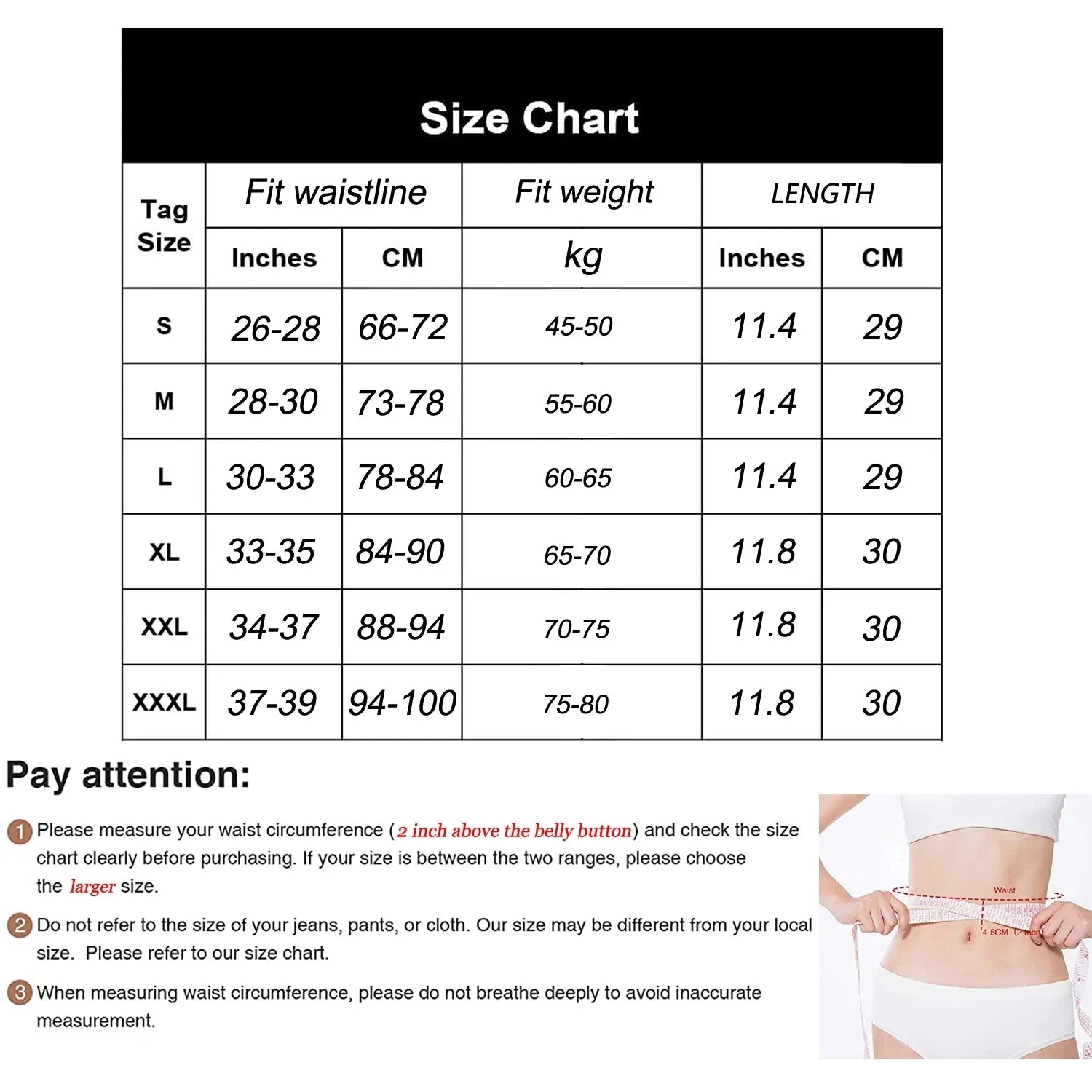 Größentabelle für Taillentrainer, Größen S-XXXL, Maße in Zoll und cm, Gewicht in kg.