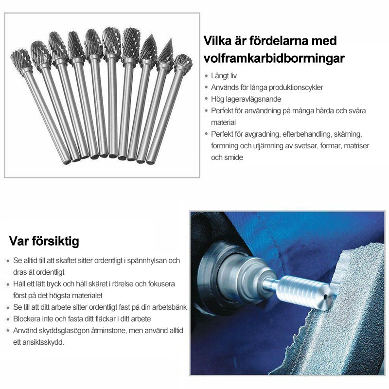 "Slipstiftsats i volframstål för verktyg, 10 unika former, precisionsbearbetning av metall och icke-metall, robust design"