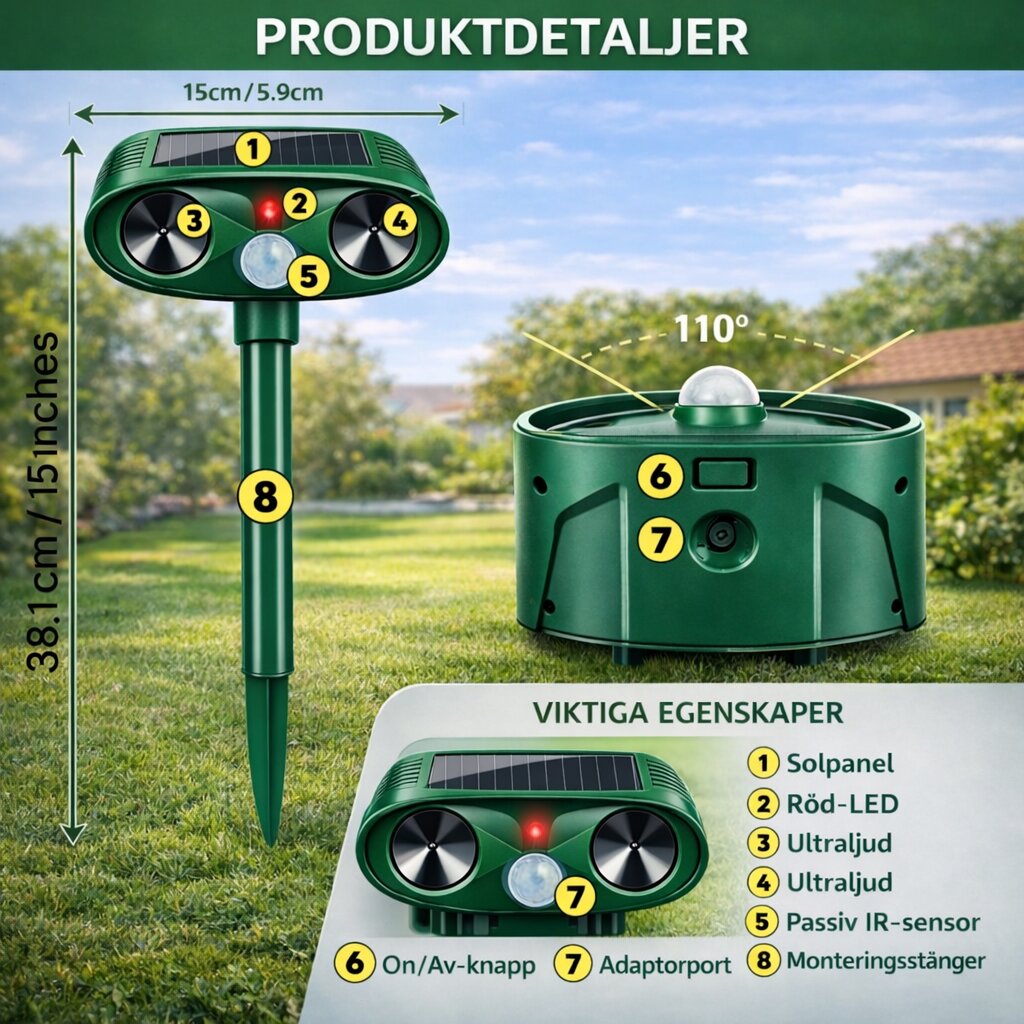 Ultraljudsskrämmare för djur | Solcellsdriven skadedjursavskräckare | Med rörelsesensor för trädgård | Solsköld