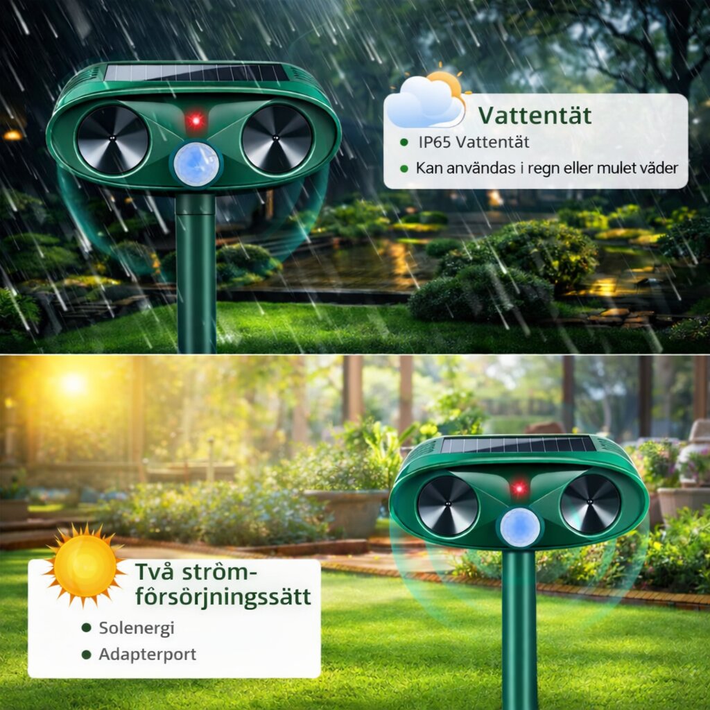 Ultraljudsskrämmare för djur | Solcellsdriven skadedjursavskräckare | Med rörelsesensor för trädgård | Solsköld
