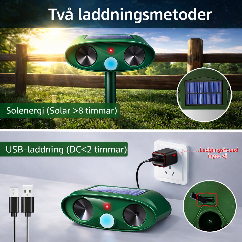 Ultraljudsskrämmare för djur | Solcellsdriven skadedjursavskräckare | Med rörelsesensor för trädgård | Solsköld