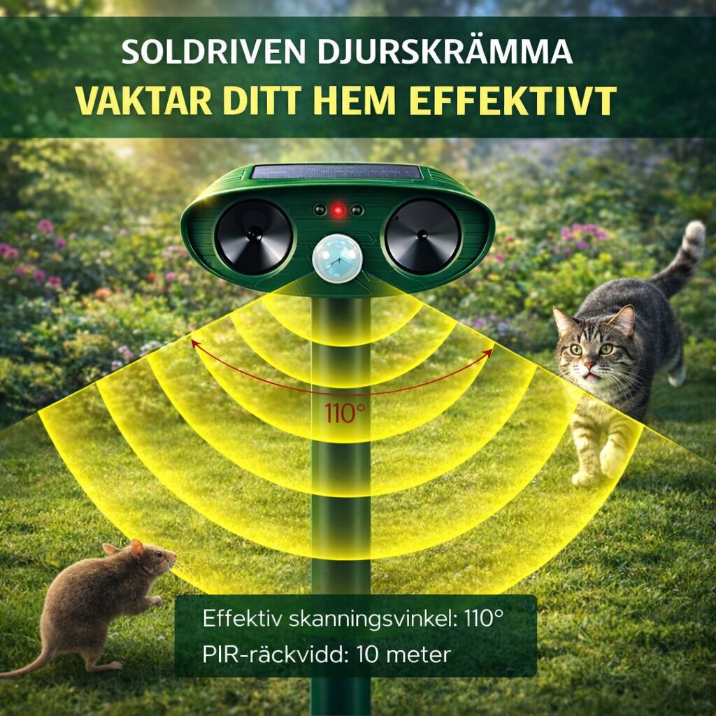Ultraljudsskrämmare för djur | Solcellsdriven skadedjursavskräckare | Med rörelsesensor för trädgård | Solsköld